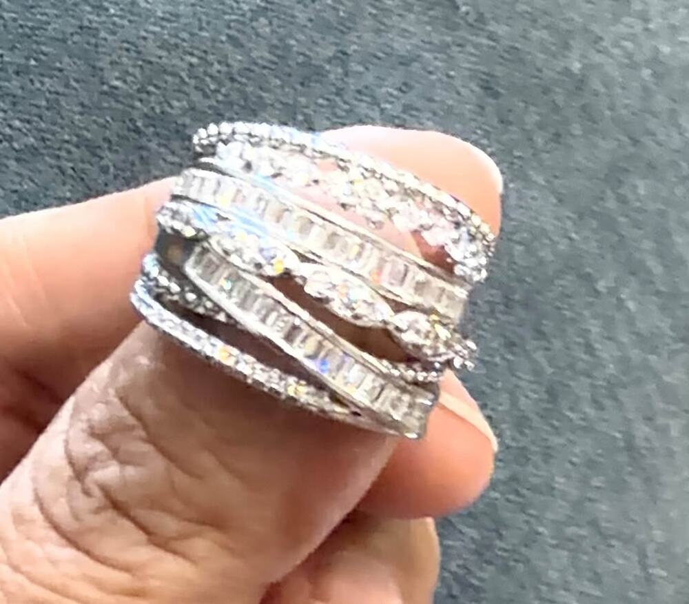 Multi Row Statement Ring Sizes 7 Silver Tone Layered CZ Wide Band
